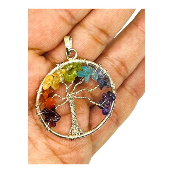 Artisan Wire-Wrapped Tree Pendant Multi Gemstone Vintage 70s Handcrafted EUC - Picture 5 of 7